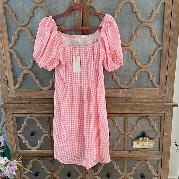 Pink Gingham Puff Sleeve Dress - Picture 1 of 4